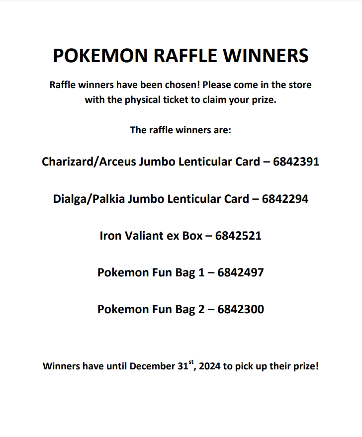 Pokemon Raffle Winners