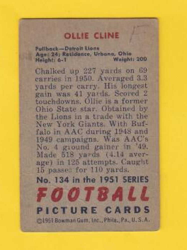 
                
                    Load image into Gallery viewer, 1951 Bowman #134 Ollie Cline Detroit Lions VG Very Good #14538 Image 2
                
            