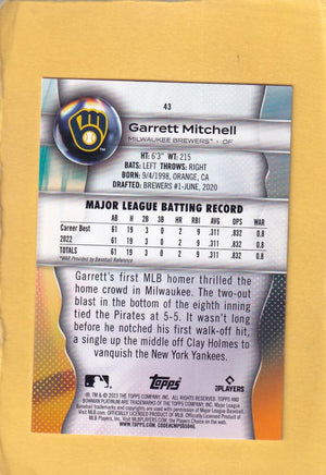 2023 Bowman Platinum Pink #43 Garrett Mitchell NM-MT+ RC Rookie 33/199 Milwaukee Brewers Image 2