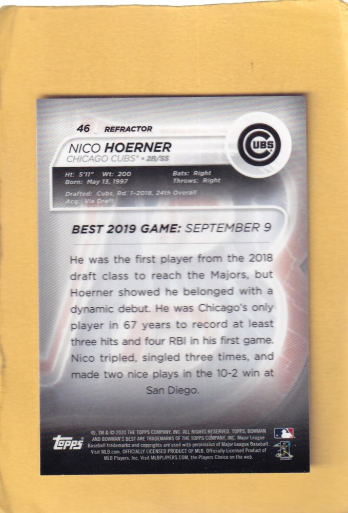 2020 Bowman's Best Refractor #46 Nico Hoerner NM-MT+ RC Rookie Chicago Cubs Image 2