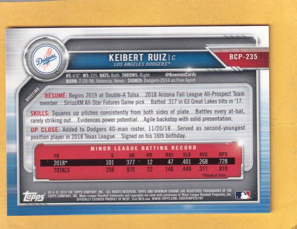 2019 Bowman Chrome Prospects Refractors Red Shimmer #BCP-235 Keibert Ruiz NM-MT+ 10/10 Los Angeles Dodgers Image 2