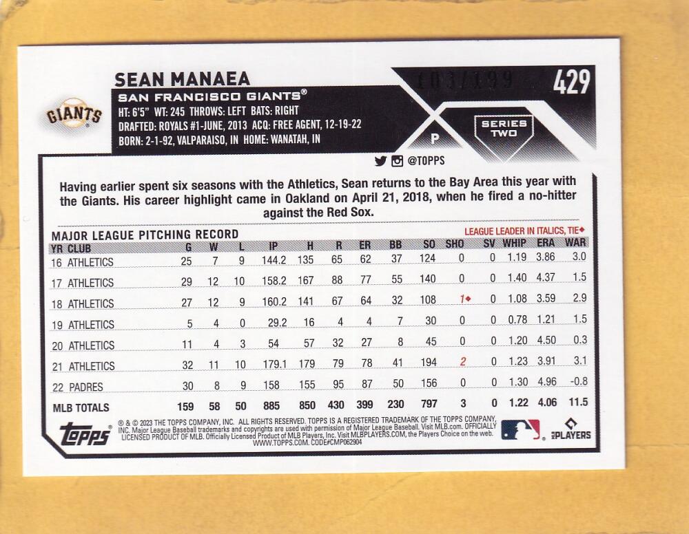 2023 Topps Red Foil #429 Sean Manaea NM-MT+ 103/199 San Francisco Giants Image 2