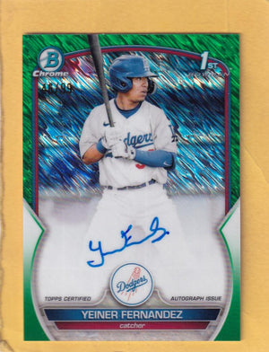 2023 Bowman Chrome Prospect Autograph Refractor Green #CPA-YF Yeiner Fernandez NM-MT+ Auto 46/99 Los Angeles Dodgers Image 1