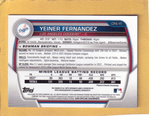 2023 Bowman Chrome Prospect Autograph Refractor Green #CPA-YF Yeiner Fernandez NM-MT+ Auto 46/99 Los Angeles Dodgers Image 2