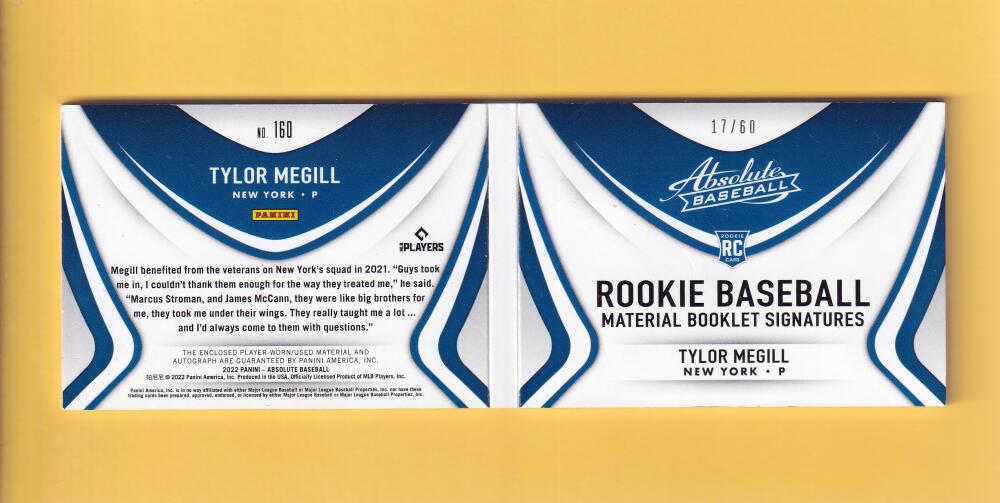 2022 Panini Absolute Rookie Baseball Material Booklet Signatures Black #160 Tylor Megill NM-MT+ RC Rookie MEM Auto 17/60 New York Mets Image 2