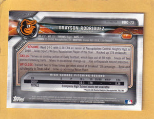 2018 Bowman Draft Chrome Refractors #BDC-73 Grayson Rodriguez NM-MT+ Baltimore Orioles Image 2