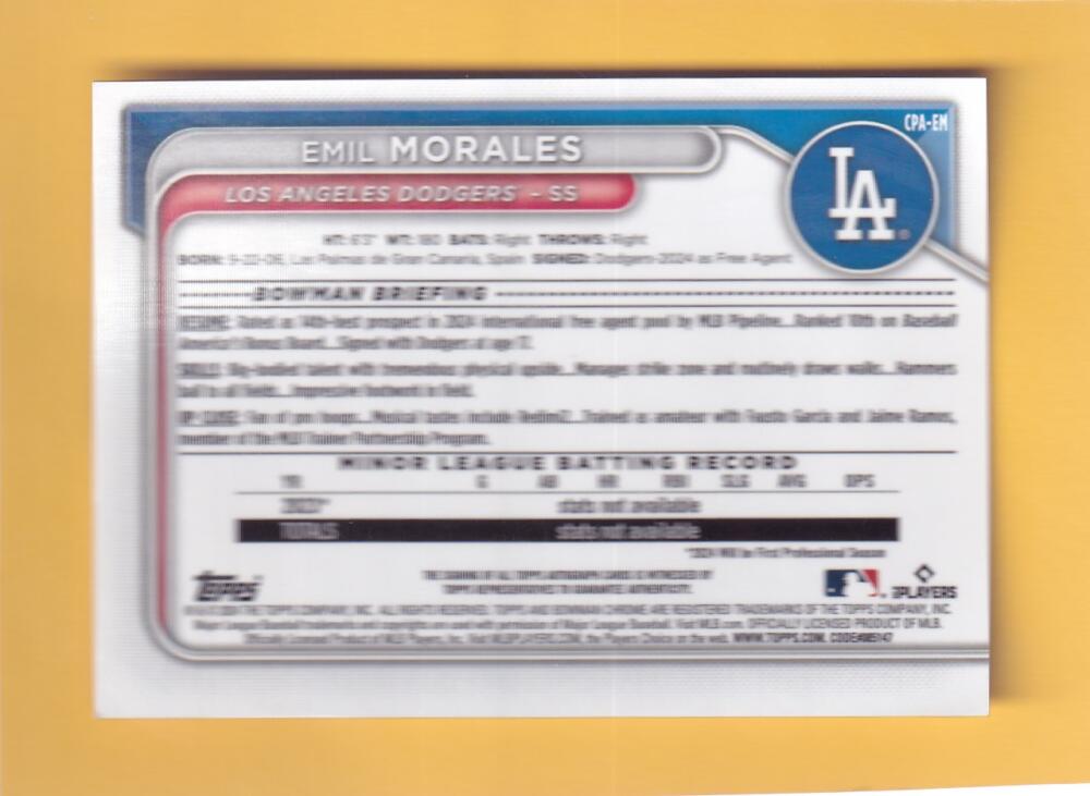 2024 Bowman Chrome Prospect Autographs 1st Bowman #CPA-EM Emil Morales Los Angeles Dodgers NM-MT+ Auto  Image 2