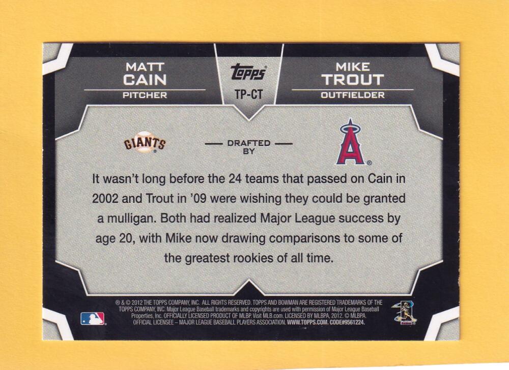 2012 Bowman Draft Dual Top 10 Picks #CT Matt Cain/Mike Trout NM-MT San Francisco Giants/Los Angeles Angels Image 2