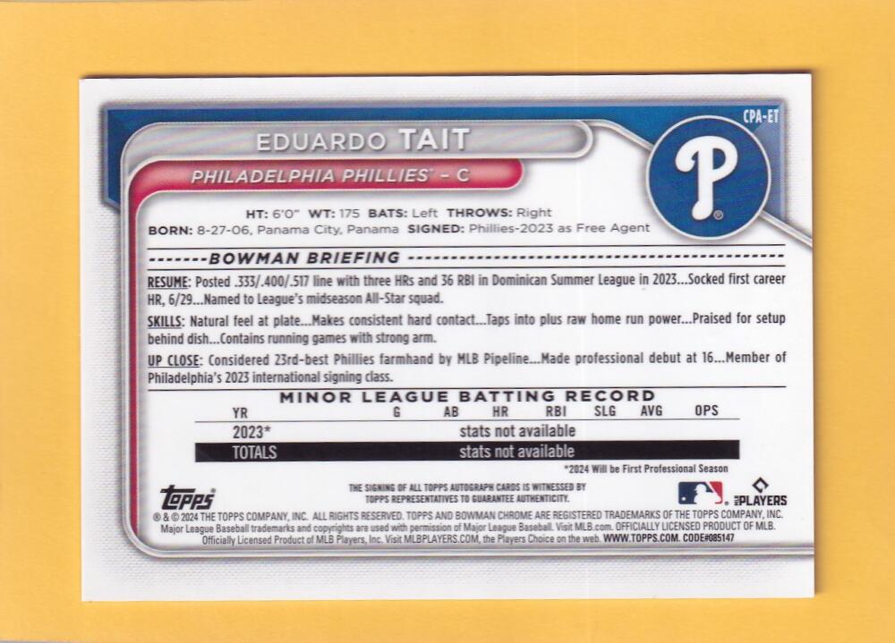 
                
                    Load image into Gallery viewer, 2024 Bowman Chrome Prospect Autograph Refractor Purple #CPA-ET Eduardo Tait NM-MT+ Auto 109/250 Philadelphia Phillies Image 2
                
            
