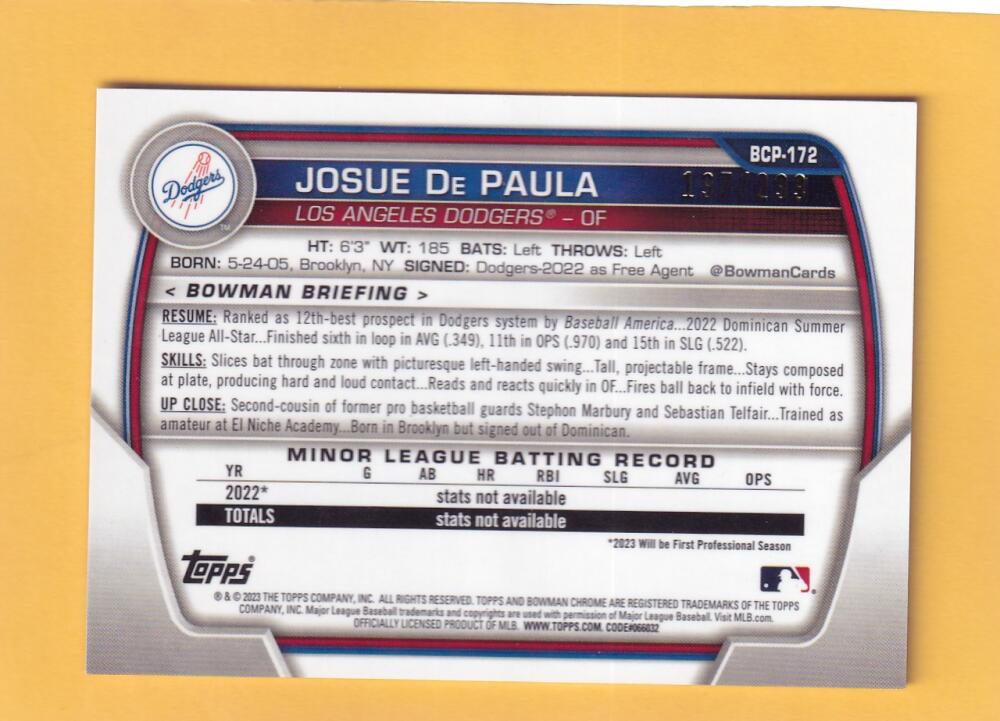 2023 Bowman Chrome Prospects Refractor Purple #BCP-172 Josue De Paula NM-MT+ 197/299 Los Angeles Dodgers Image 2