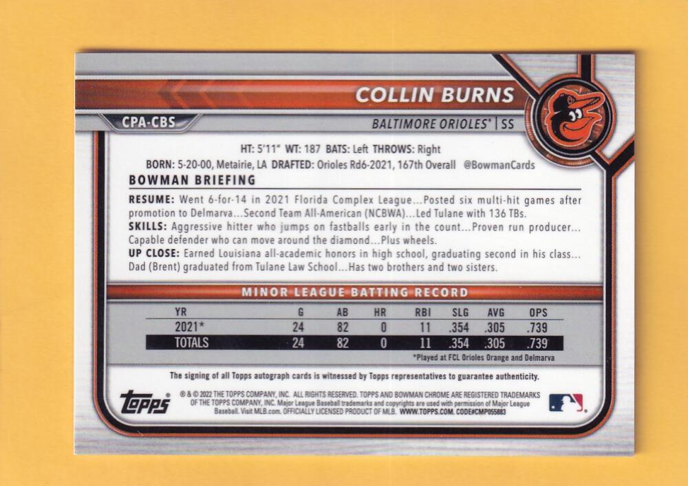 2022 Bowman Chrome Prospect Autograph Refractor Yellow #CPA-CBS Collin Burns NM-MT+ Auto 34/75 Baltimore Orioles Image 2