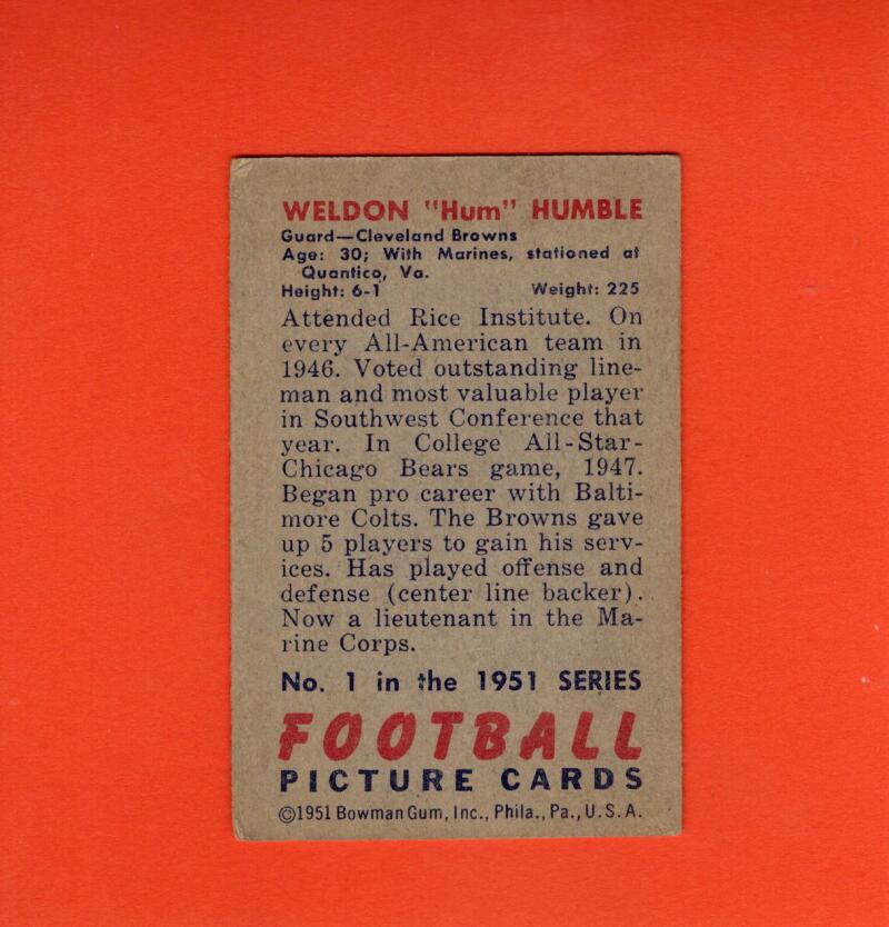 
                
                    Load image into Gallery viewer, 1951 Bowman #1 Weldon Humble VG+ Very Good+ RC Rookie Cleveland Browns #33427 Image 2
                
            