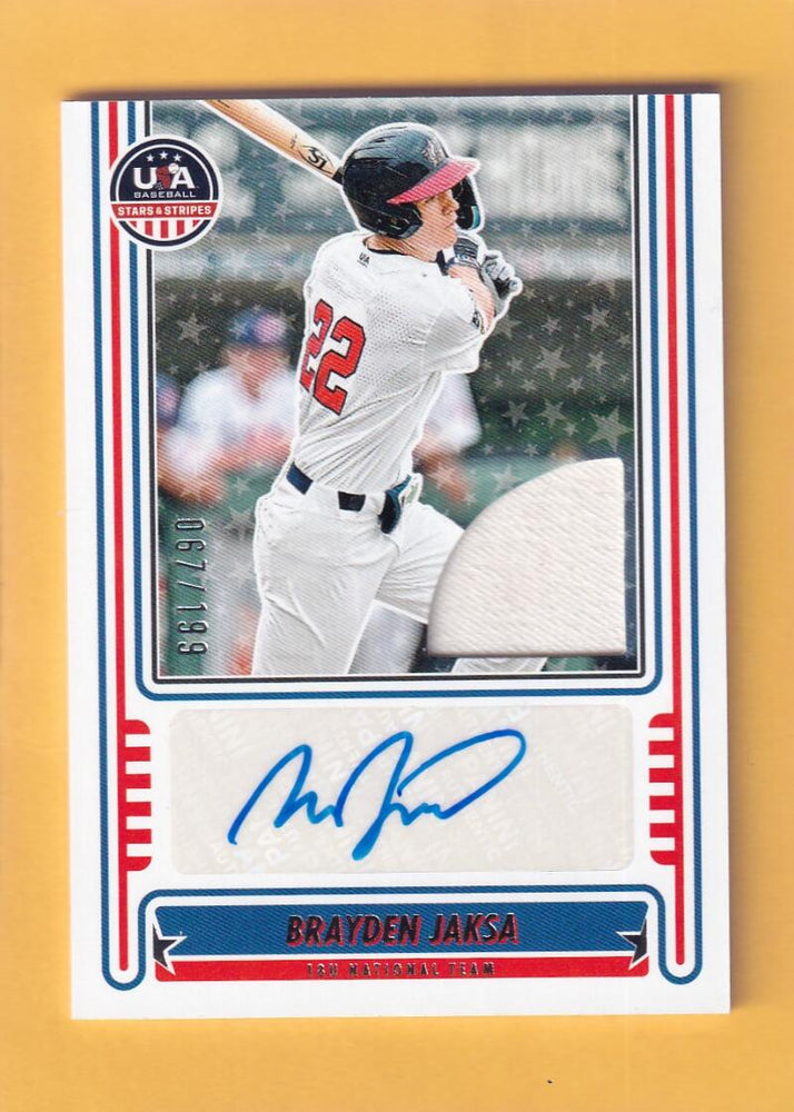 2025 Panini Stars and Stripes 18U National Team Signatures Materials #12 Brayden Jaksa NM-MT+ MEM Auto 67/199 USA Baseball 18U National Team Image 1