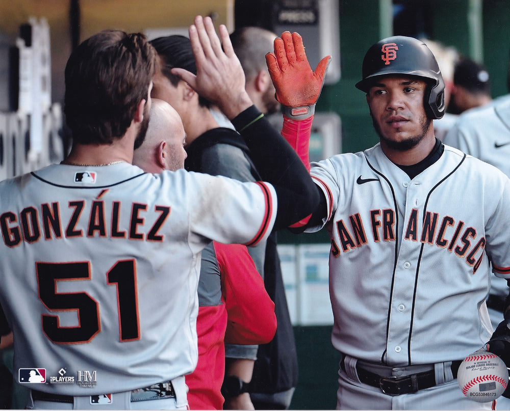 Thairo Estrada & Luis Gonzalez San Francisco Giants 8x10 Photo (Horizontal, High Five, Grey Jersey)