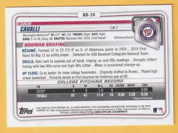 
                
                    Load image into Gallery viewer, 2020 Bowman Draft Gold #BD-24 Cade Cavalli NM-MT+ 21/50 Washington Nationals
                
            