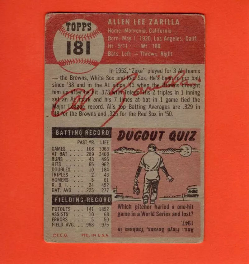 
                
                    Load image into Gallery viewer, 1953 Topps #181 Al Zarilla G/VG Good/Very Good Boston Red Sox
                
            