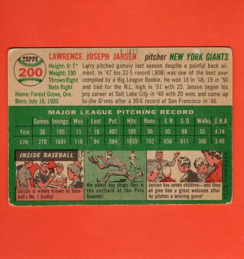 
                
                    Load image into Gallery viewer, 1954 Topps #200 Larry Jansen VG Very Good New York Giants
                
            
