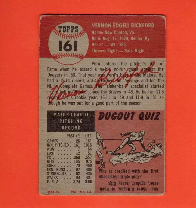 
                
                    Load image into Gallery viewer, 1953 Topps #161 Vern Bickford DP VG Very Good Boston Braves
                
            