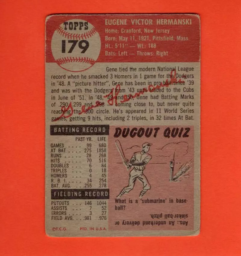 
                
                    Load image into Gallery viewer, 1953 Topps #179 Gene Hermanski G/VG Good/Very Good Chicago Cubs
                
            