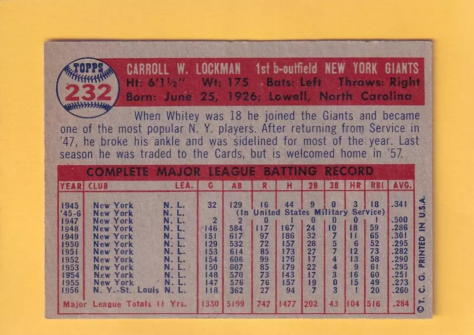 
                
                    Load image into Gallery viewer, 1957 Topps #232 Whitey Lockman EX Excellent New York Giants #32470
                
            
