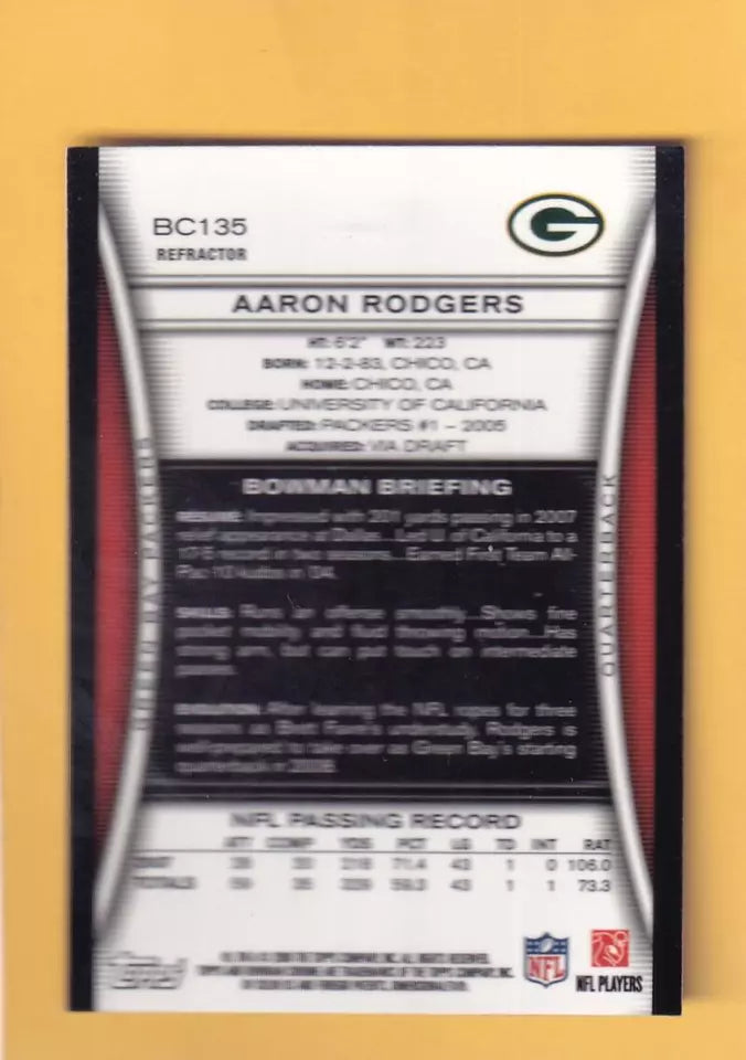 2008 Bowman Chrome Refractors #BC135 Aaron Rodgers NM-MT+ Green Bay Packers