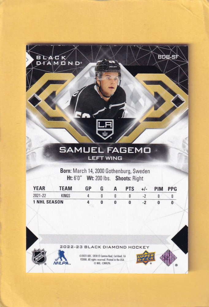 2022-23 Upper Deck Black Diamond #BDB-SF Samuel Fagemo NM-MT+ RC Rookie 15/349 Los Angeles Kings Image 2