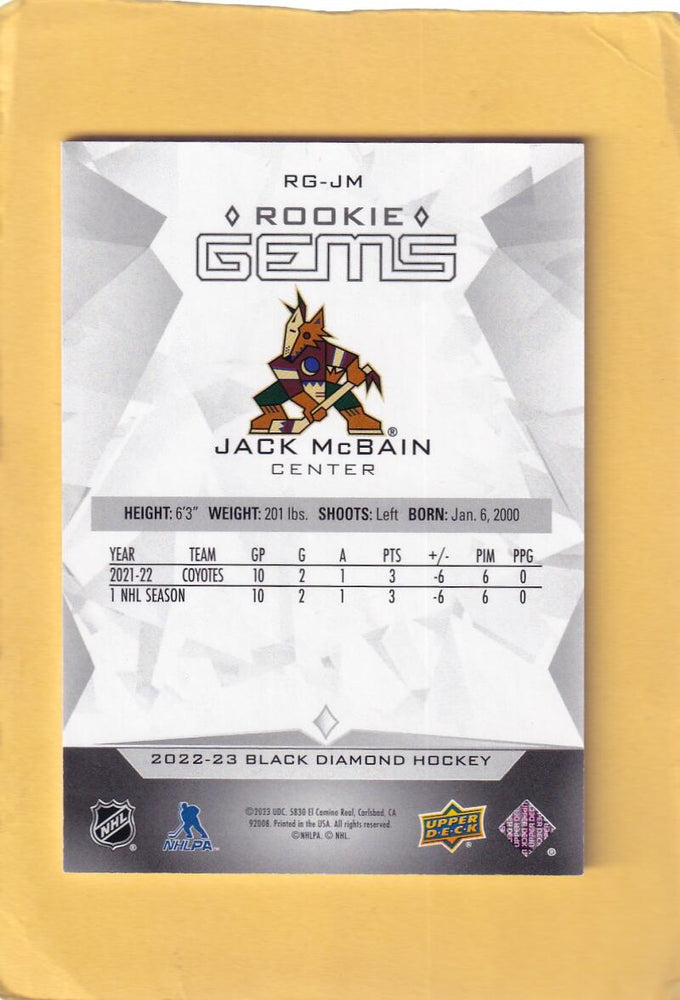 2022-23 Upper Deck Black Diamond Rookie Gems #RG-JM Jack McBain NM-MT+ RC Rookie 60/399 Arizona Coyotes Image 2