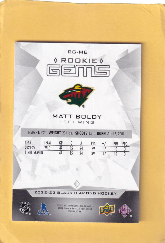 2022-23 Upper Deck Black Diamond Rookie Gems Red #RG-MB Matt Boldy NM-MT+ RC Rookie 8/100 Minnesota Wild Image 2