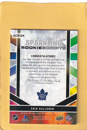 2022-23 Upper Deck Black Diamond Sparkling Rookie Scripts Spectrum #SCR-EK Erik Kallgren NM-MT+ RC Rookie Auto 12/25 Toronto Maple Leafs Image 2