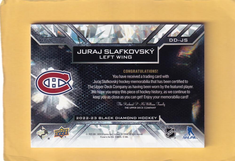 2022-23 Upper Deck Black Diamond Debut Relics #DD-JS Juraj Slafkovsky NM-MT+ RC Rookie MEM Montreal Canadiens Image 2