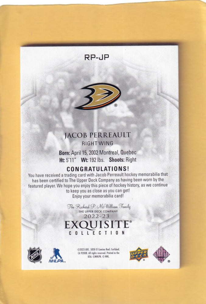 2022-23 Upper Deck Exquisite Collection Rookie Patch #RP-JP Jacob Perreault NM-MT+ RC Rookie MEM 43/99 Anaheim Ducks Image 2