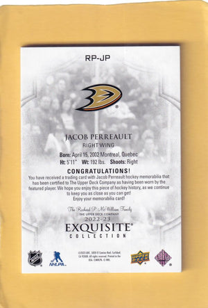 2022-23 Upper Deck Exquisite Collection Rookie Patch #RP-JP Jacob Perreault NM-MT+ RC Rookie MEM 43/99 Anaheim Ducks Image 2