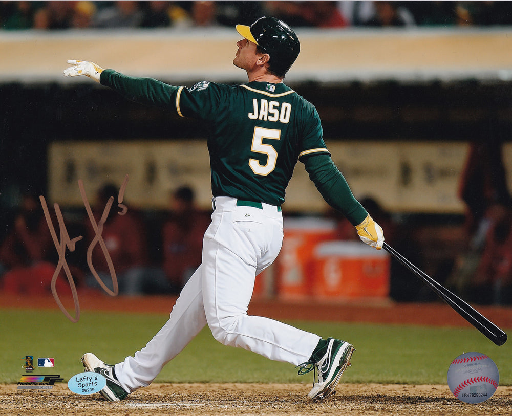 John Jaso Oakland A's 8x10 Autographed Photo (Horizontal, Batting, Green Jersey)