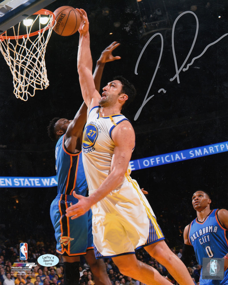 Zaza Pachulia Autographed 8x10 Photo (Vertical, Jumping Up, White Jersey)