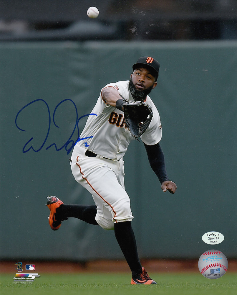 Denard Span San Francisco Giants Autographed 8x10 Photo (Vertical, Catching, White Jersey)