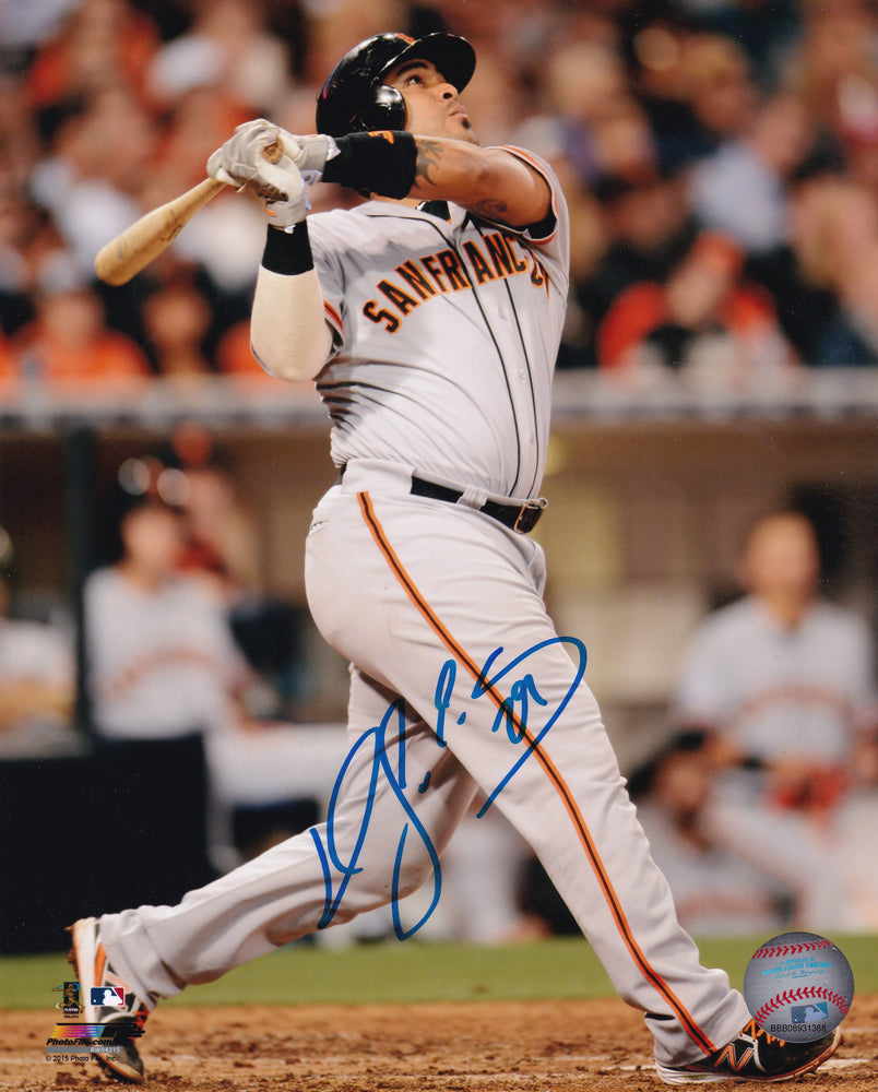 Hector Sanchez San Francisco Giants Autographed 8x10 Photo (Vertical, Swinging, White Jersey)