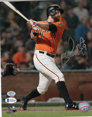 Brandon Belt San Francisco Giants Autographed 8x10 photo (Vertical, Swinging, Orange Jersey)